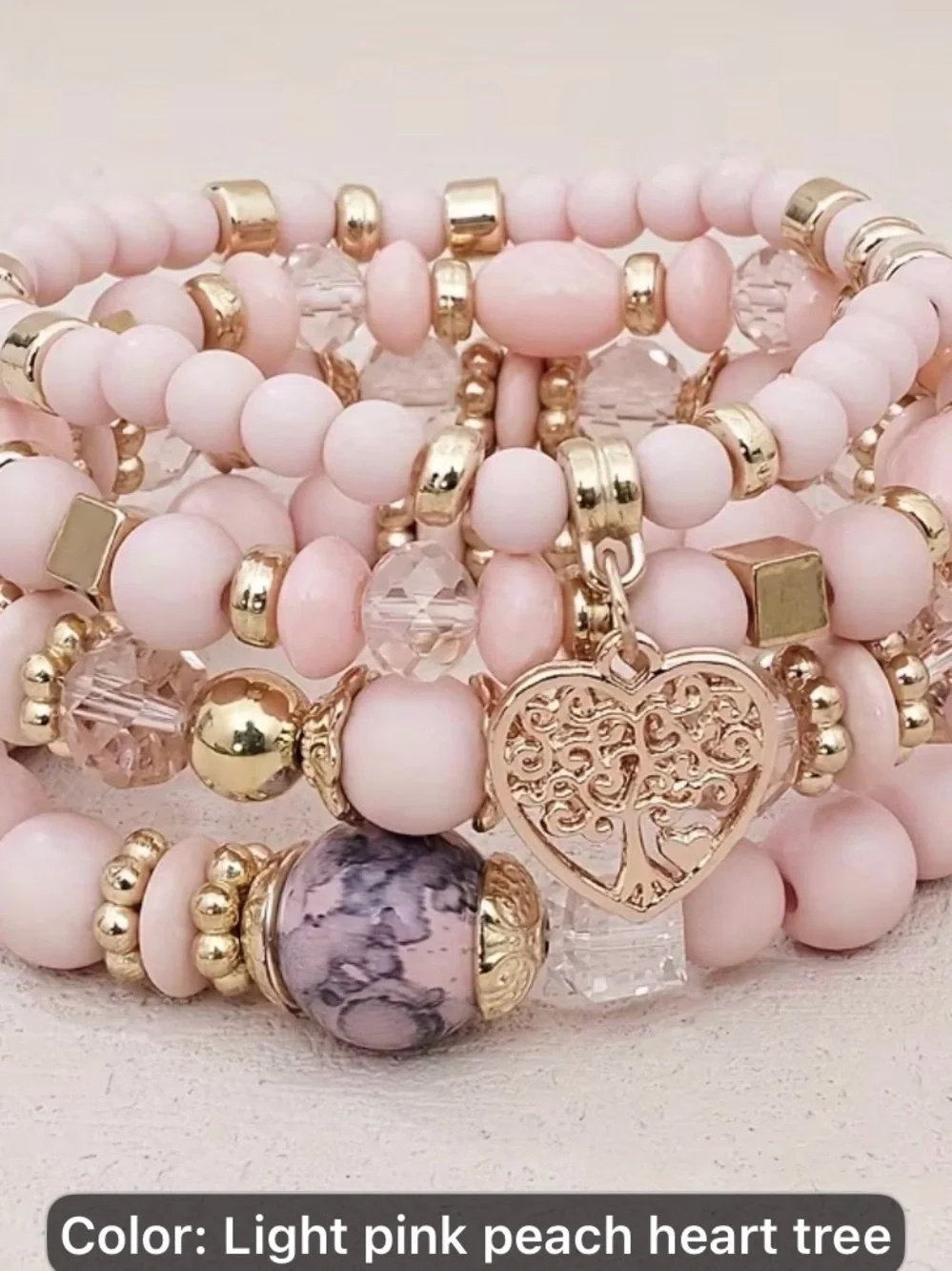 Handmade European & American light pink Beaded Heart Tree Bracelet Stack